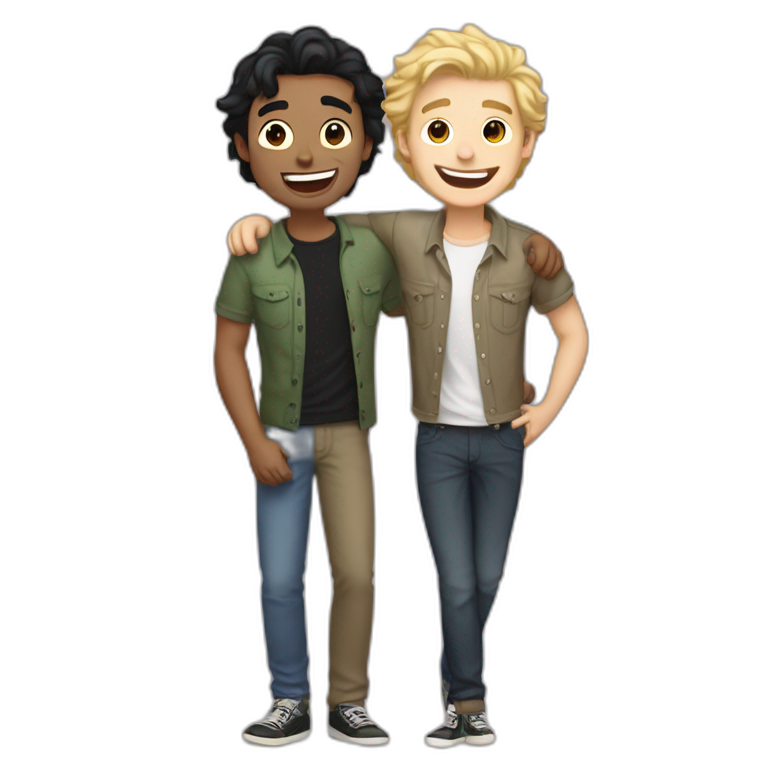 Gay couple, 1 guy Latino black straight hair and 1 Australian white guy with blonde slightly curly hair laughing full body and a cat as a pet emoji