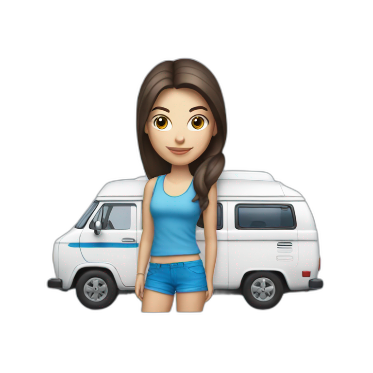 Hip white blue-eyed brunette woman with a sporty camper van emoji