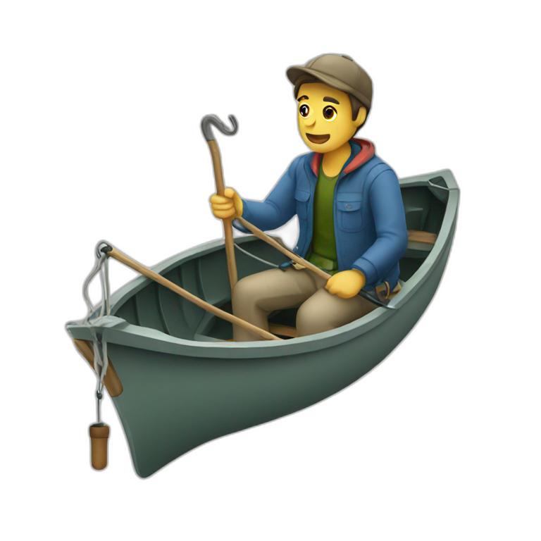 Man sitting on boat, holding fishing hook emoji