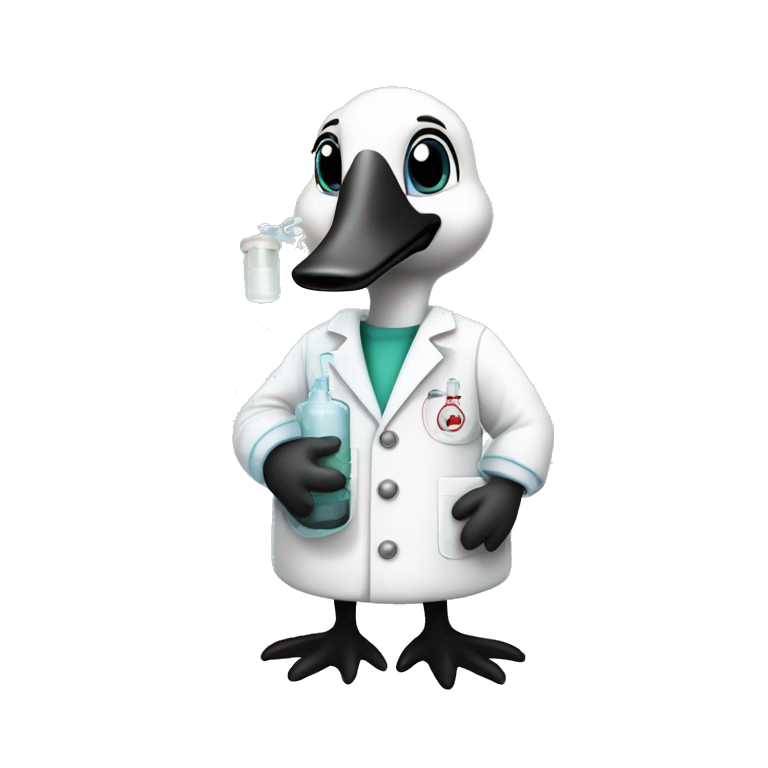Canada goose wearing chemistry lab coat and has flask with chemicals emoji