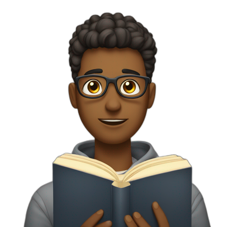 joven estudiante sentado sobre sus libros que son muchos y con un libro en sus manos y sobre su cabeza emoji