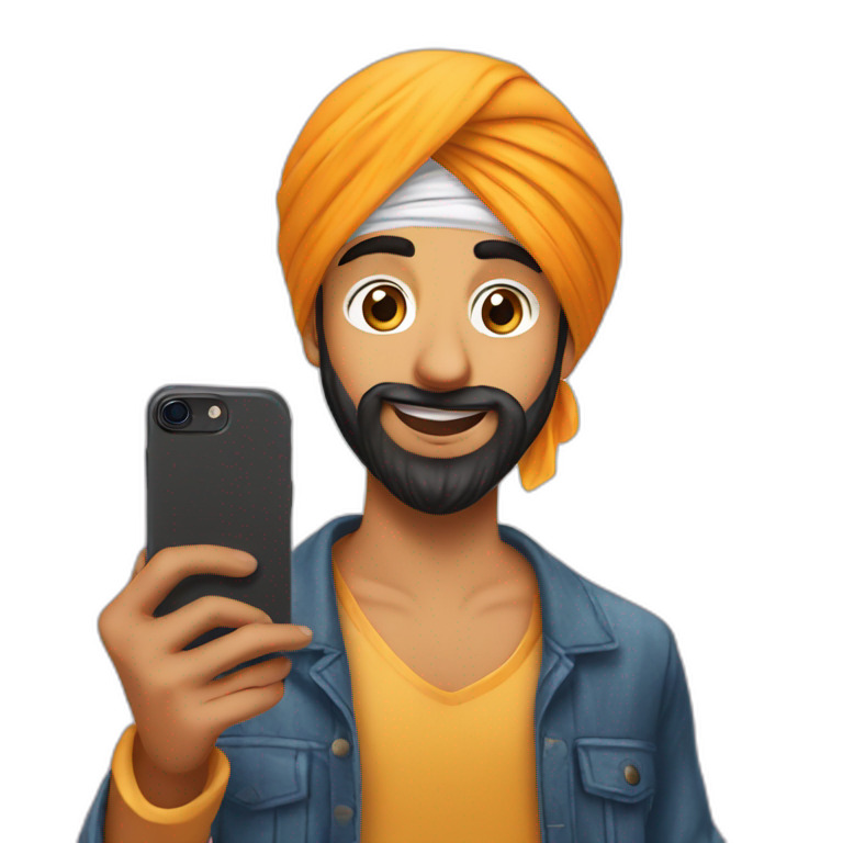 A Sikh boy clicking mirror selfie with iphone emoji