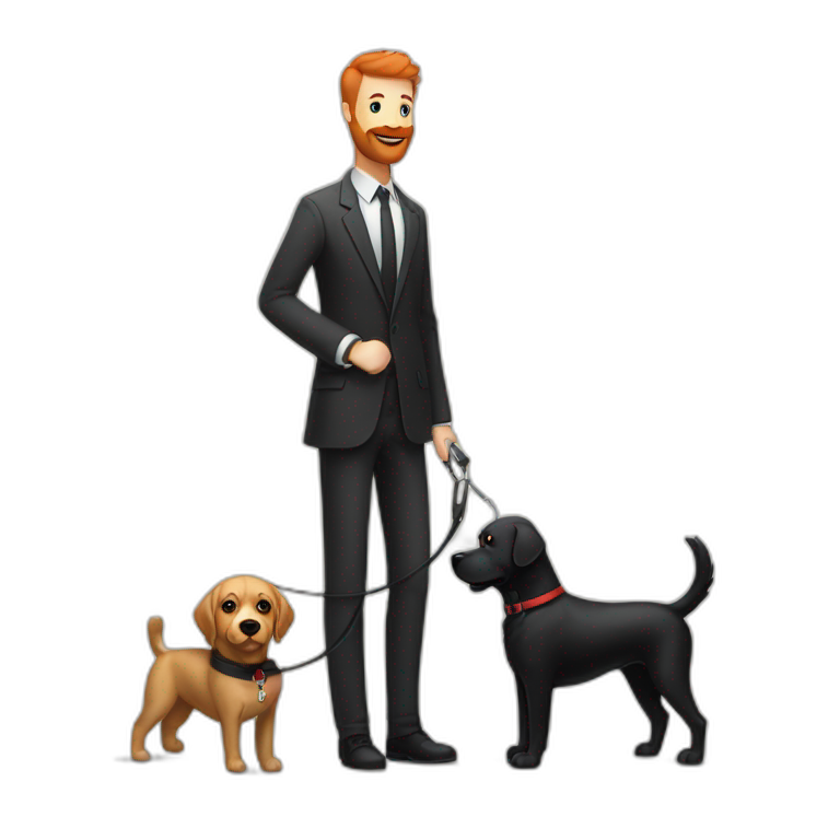 a handsome, slender man in a  sporting a red beard, standing next to a black Labrador dog, holding it on a leash emoji