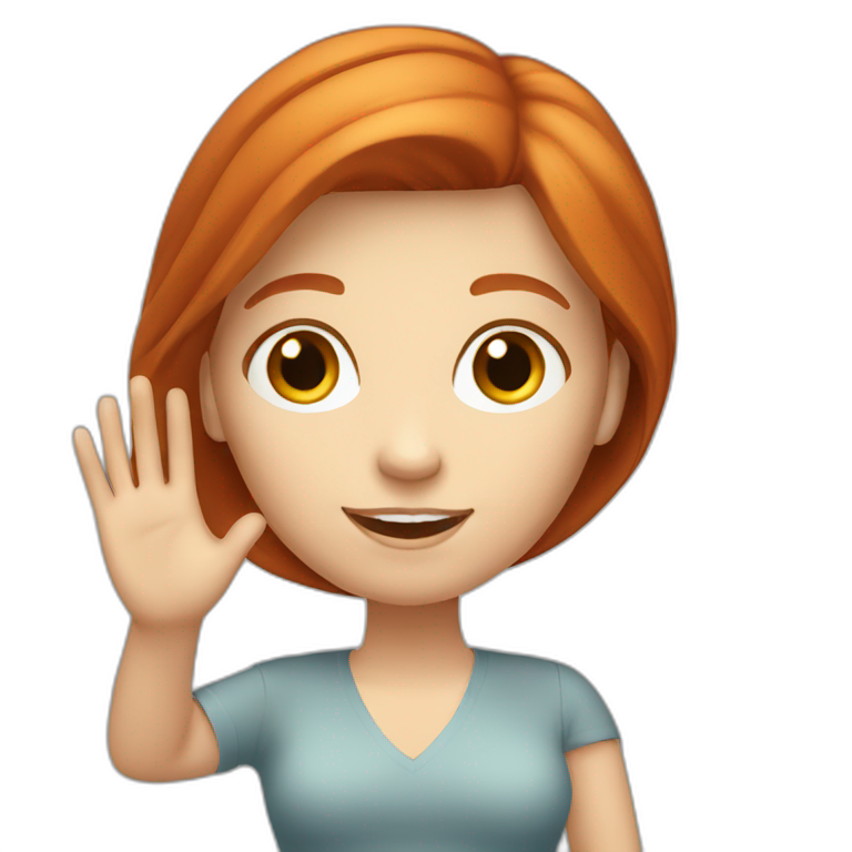 redhead white woman with medium long straight hair, waving emoji