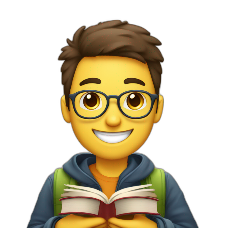 joven estudiante con todos sus libros que son muchos, de piel blanca muy feliz y sonriente con un libro en sus manos, y sobre su cabeza, atiborrado de libros emoji
