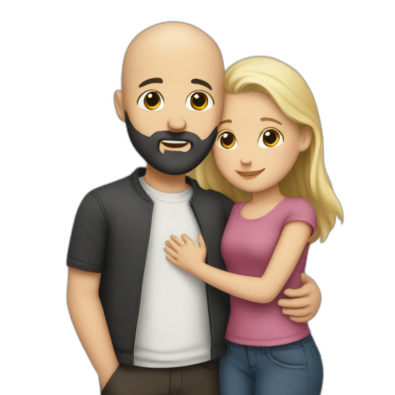 Bald white boy with black beard hugging a girl emoji