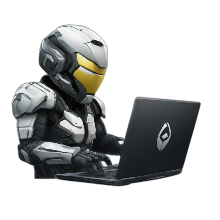 Side view developer behind his laptop with this style : Crytek Crysis Video game with nanosuit hacker themed character emoji
