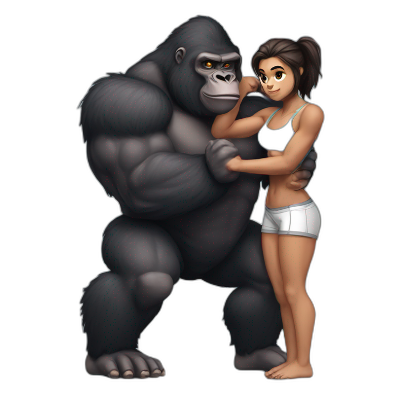 Big buff Gorilla holding a beautiful girl doing squats emoji