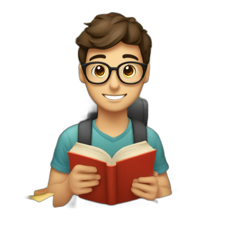 joven estudiante con  con un libro en sus manos y en su cabeza, junto a muchos libros y una lampara y un libro en su cabeza emoji