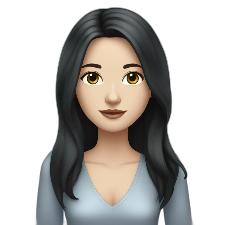 white woman, dark medium-long black hair, full body, blue grey eyes emoji