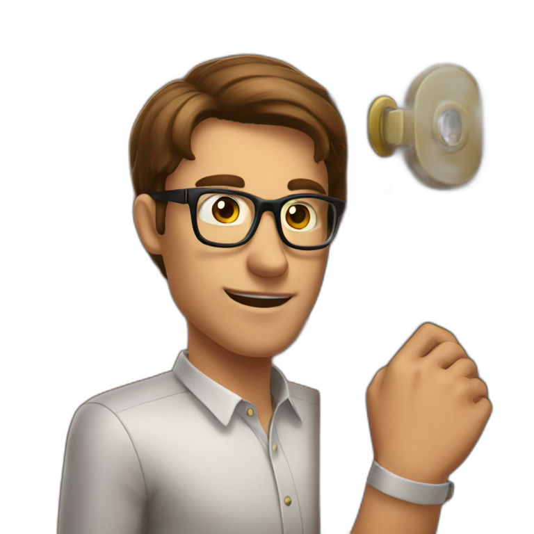 brown-short-haired classy man wearing glasses, struggling to fit a key into a wooden door-lock emoji