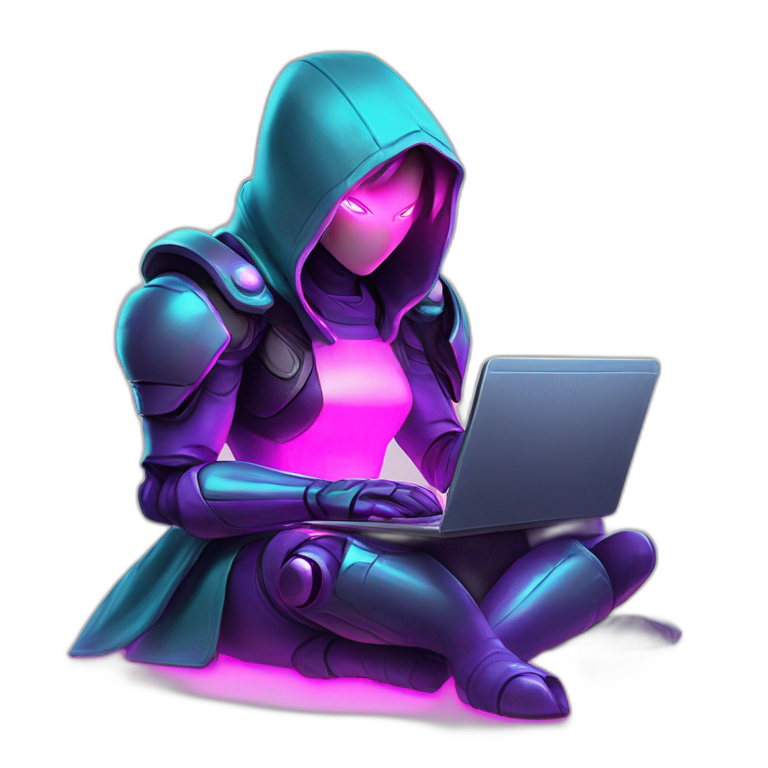 Girl developer behind his laptop with this style : Nintendo Samus Video game neon glowing bright purple pink black hooded hacker themed character emoji