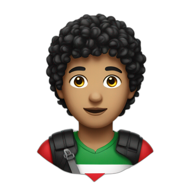 A boy, black hair, curly hair, wearing the Palestine flag emoji
