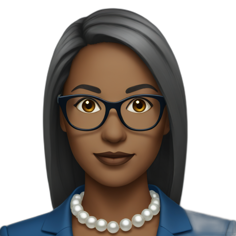 black woman ceo, black glasses, blue blazer, pearl necklace, straight hair emoji