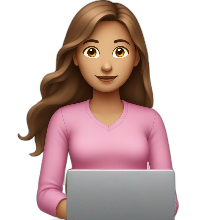 Girl with long brown hair and laptop, pink shirt emoji