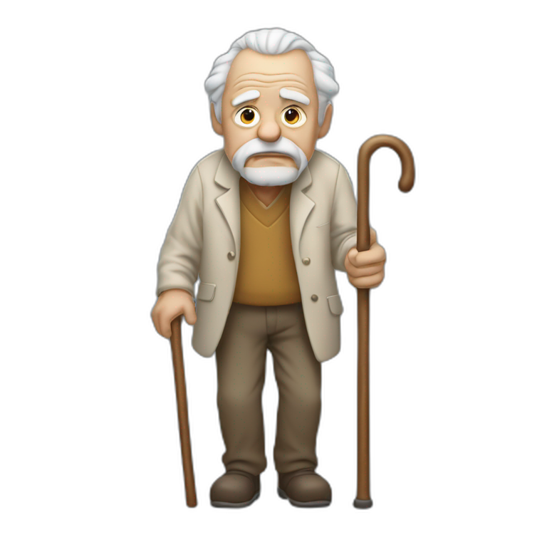 Old man leaning on a walking cane holding his back with his hand grumpy face, detailed emoji