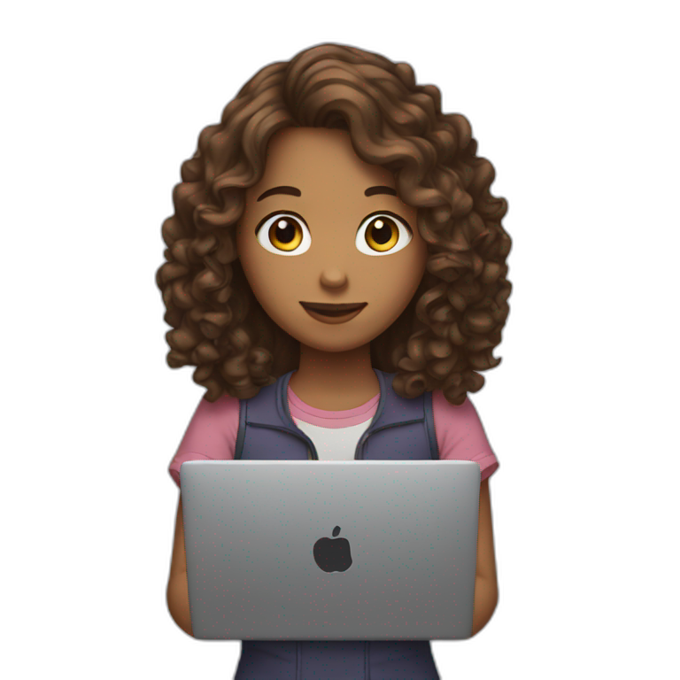 girl with long curly brown hair with a laptop in her hands emoji
