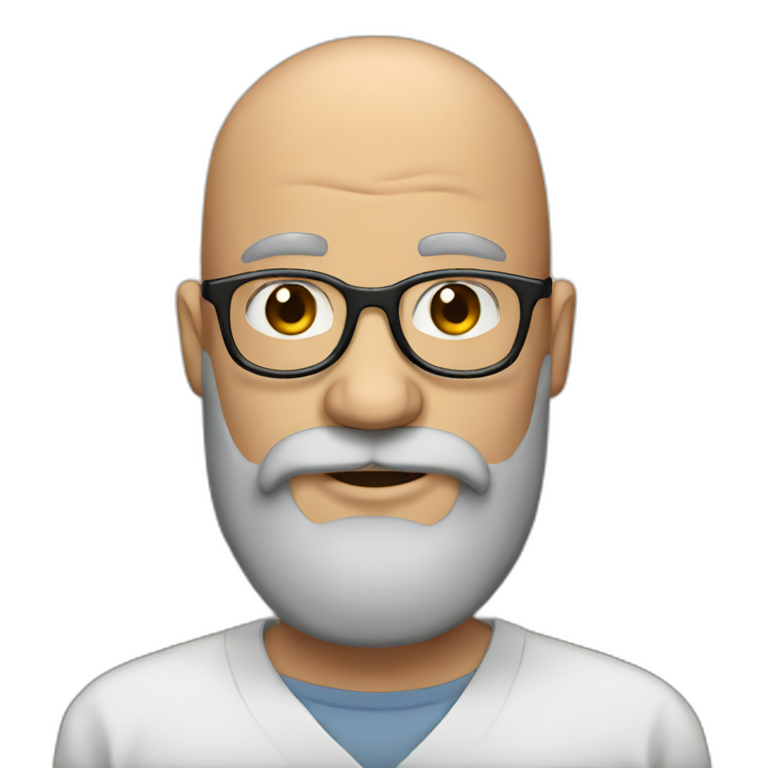 Bald man with glasses and big brown and grey beard with emoji