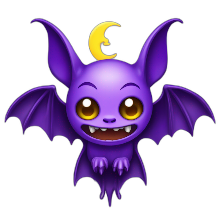 purple and black mad face vampire bat cartoon sparkle eyes wings flying in front of large dripping crescent moon emoji