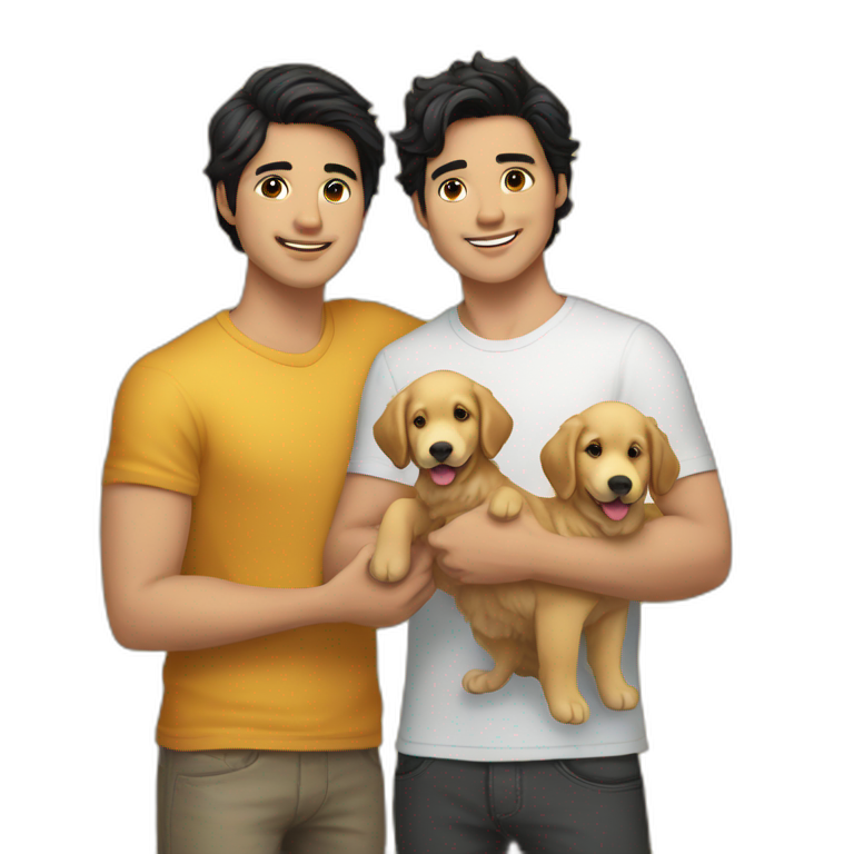 gay-couple,-1-guy-straight-black-hair-and-1-australian-white-guy-with-blackhair-slightly-curly-holding-a-golden retriever puppy emoji