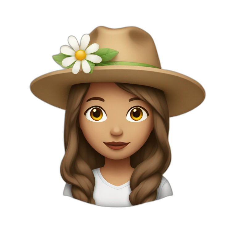 Light skin, Girl with a flower in her hand, with a hat, shoulder-length brown straight hair emoji