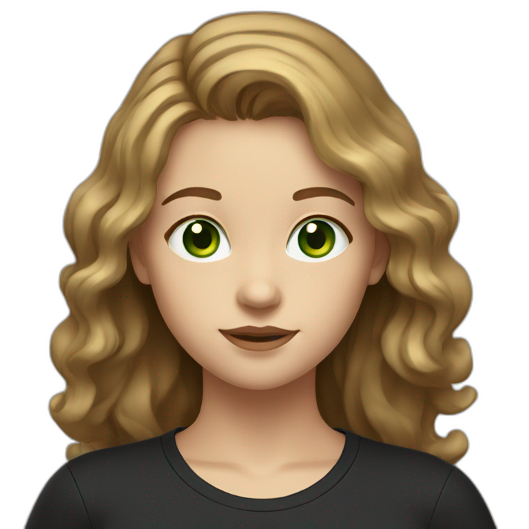 Girl with wavy light brown hair and green eyes in a black t shirt emoji