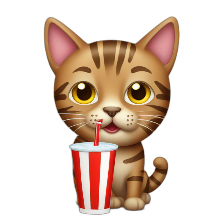 A striped brown cat  drinking a soda emoji