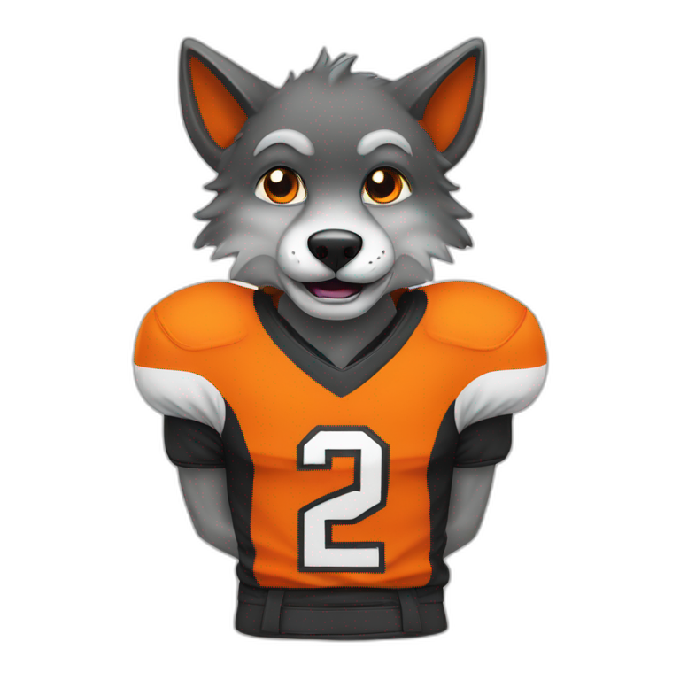 Mascotte de loup footballeur en orange et noir emoji