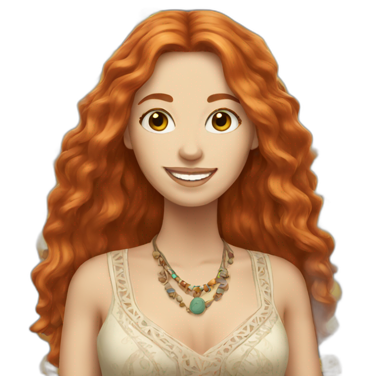 redhead white woman long hair, smiling, wearing boho dress emoji