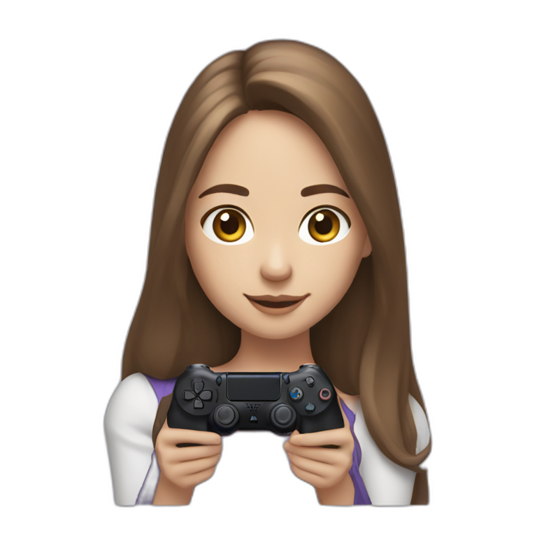 Caucasian Girl with long Brown hair holding a playstation 4 controller turned to her looking at a screen emoji