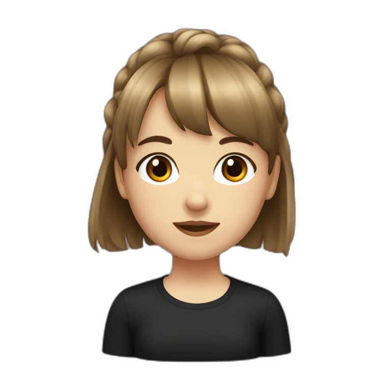 girl with bangs, pony tail brown hair, black shirt emoji