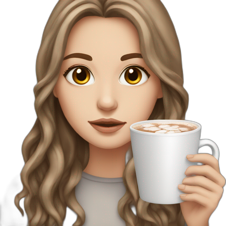 white girl with grey eyes brown long hair and a hot chocolate emoji
