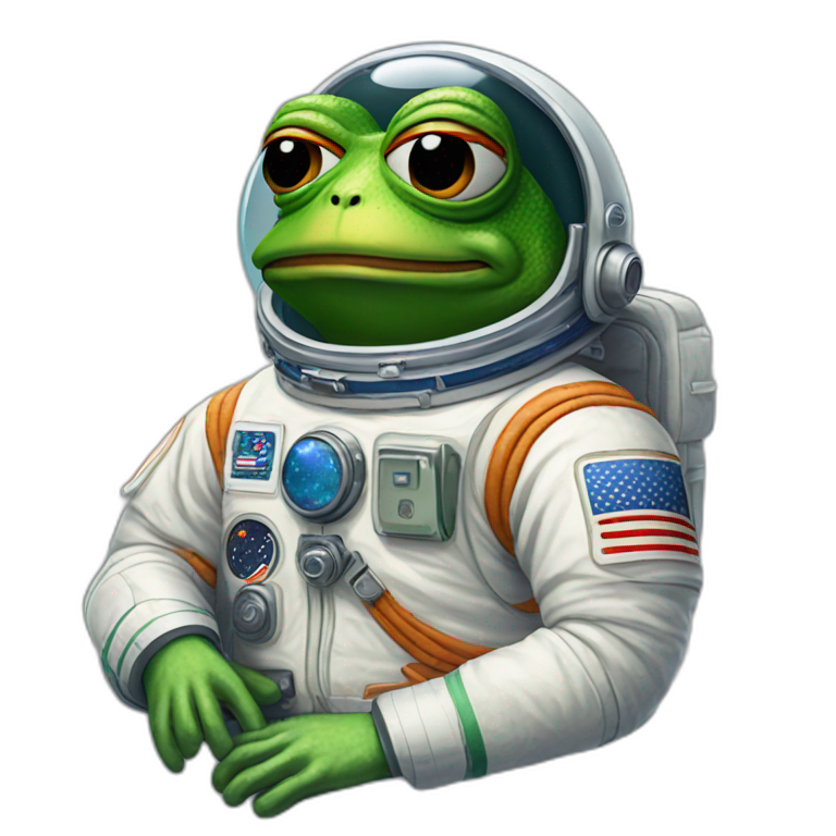 pepe frog using astronout costume with "LFG" text emoji