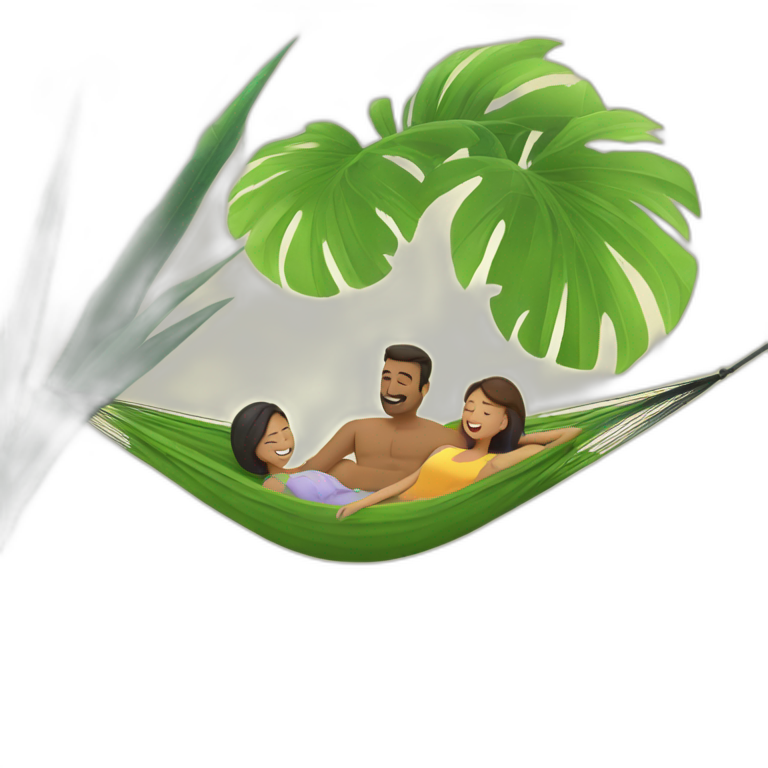 a man is laying in hammock and a woman is fanning him with palm leaf emoji