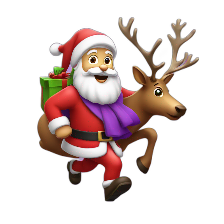 Santa Claus dressed in purple running with the reindeer to deliver the presents emoji