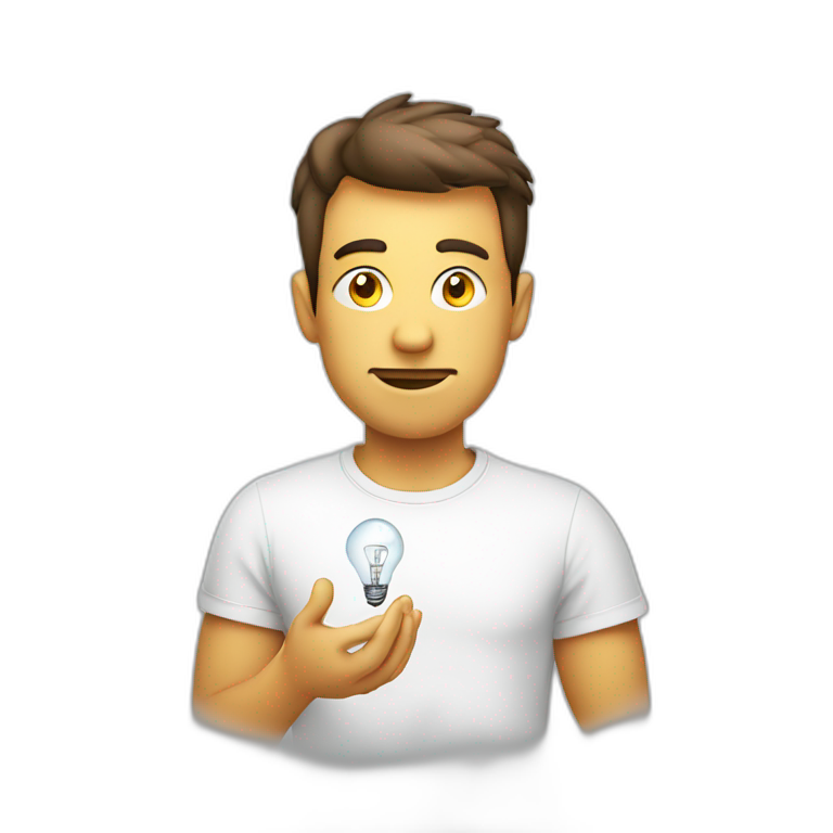 man white tshirt thinking with light bulb emoji