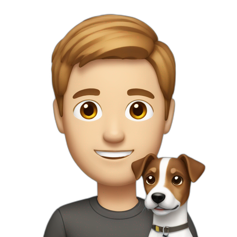 Man with modern brown cut hair with jack russell terrier dog emoji