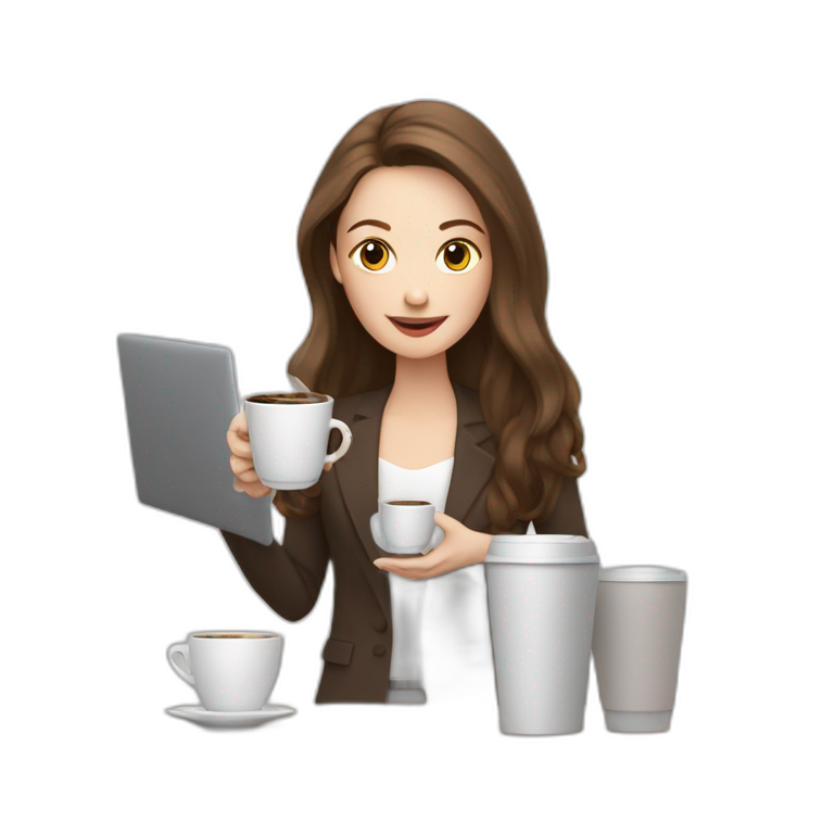 woman with pale skin and long brown hair behind a computer juggling with coffee cups emoji