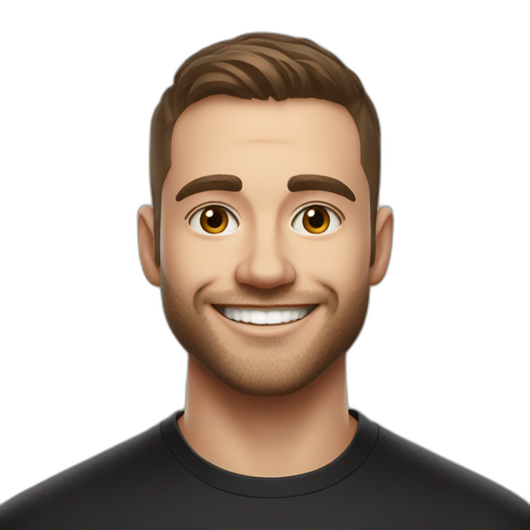 30 year old American Silicon Valley UX designer smiling with stubble in a black tshirt with broad shoulders profile photo hair fade undercut emoji