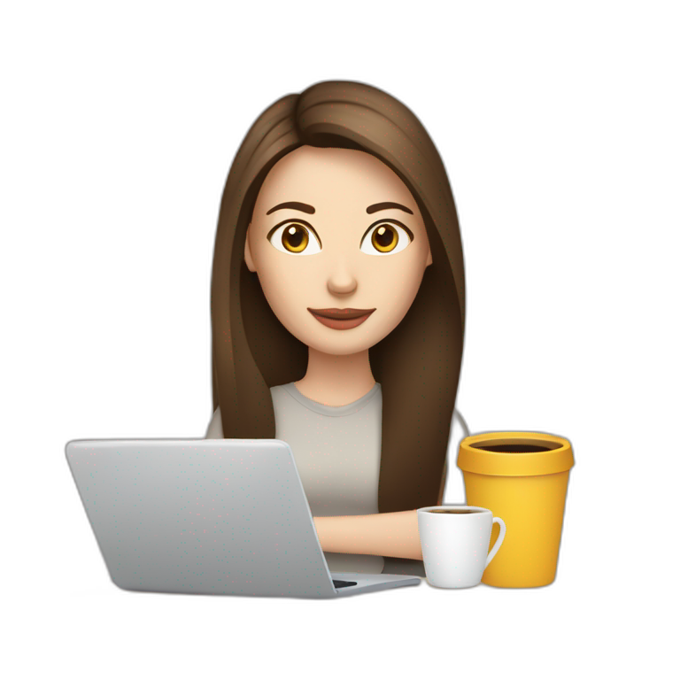 woman with long straight brown hair and pale skin laptop and coffee mug emoji