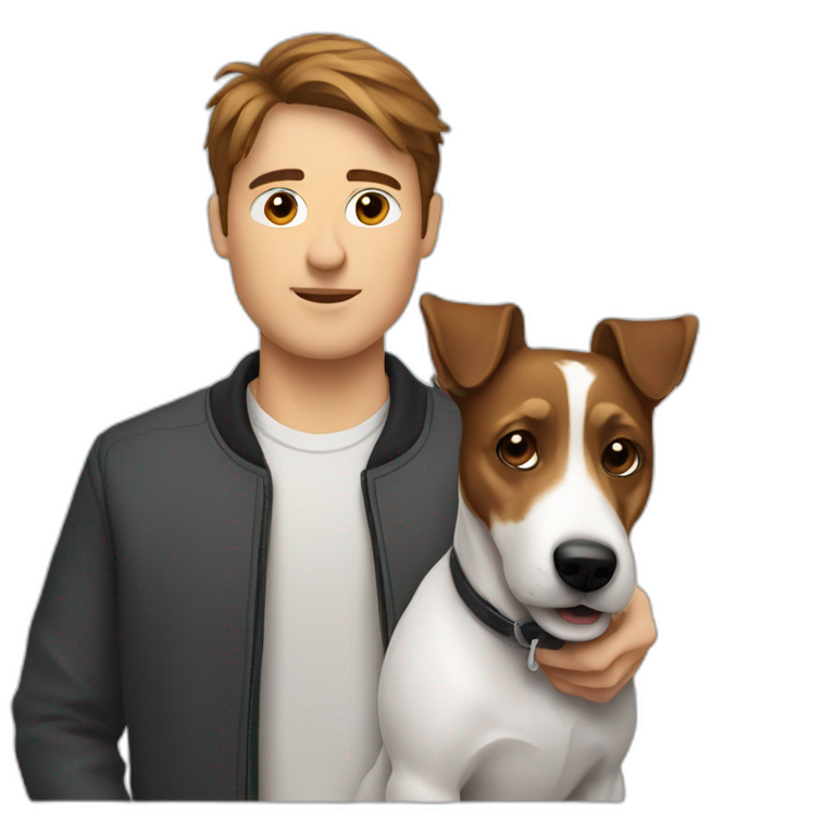 Man with modern brown hair cut with jack russell terrier dog emoji
