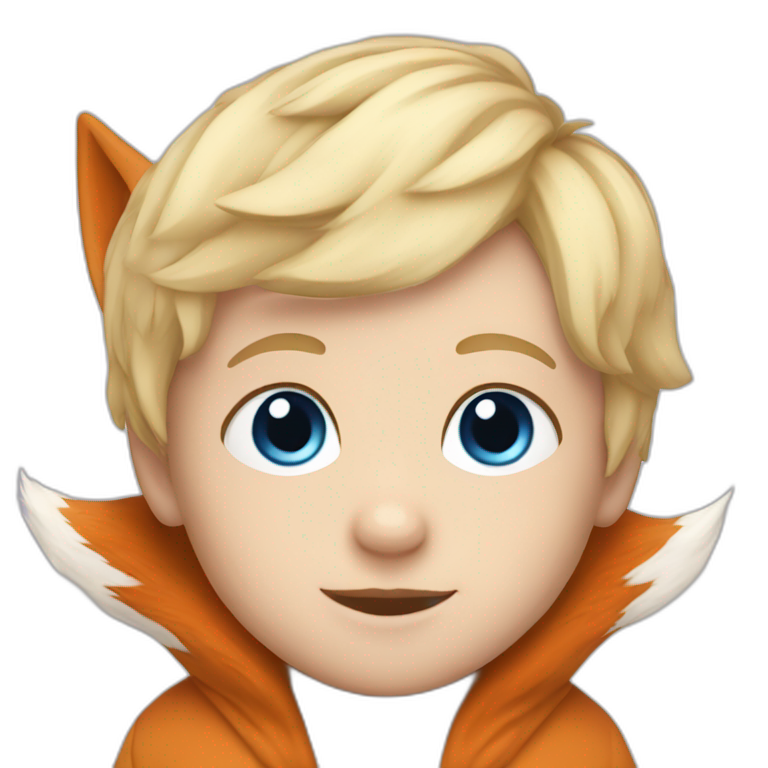 Baby boy with blond hair and blue eyes and a fox plush emoji