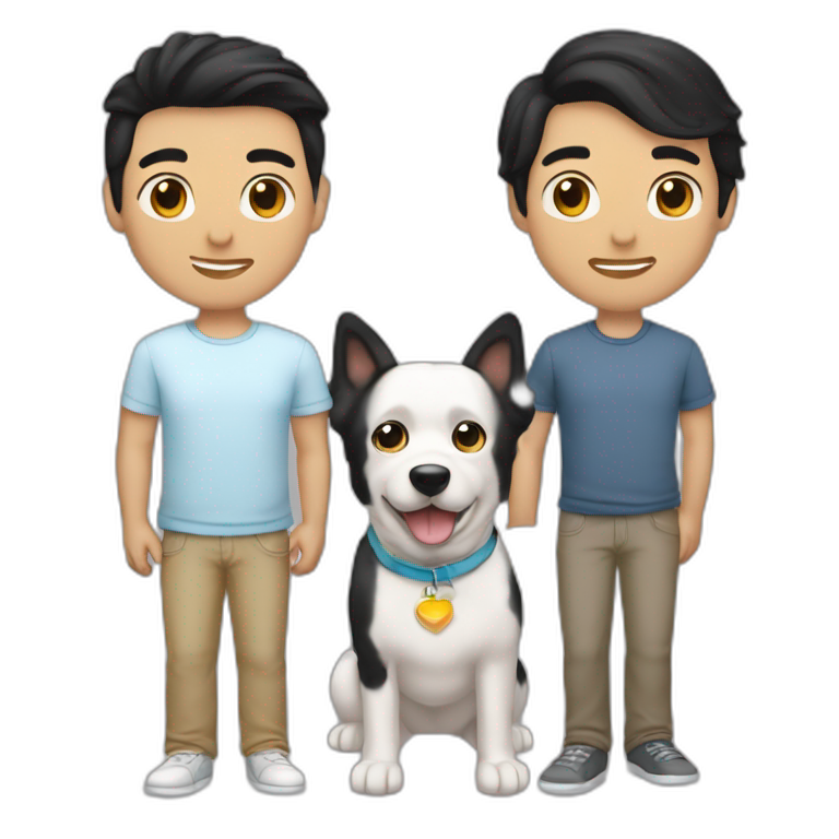 gay-couple,-1-guy-straight-black-hair-and-1-australian-white-guy-with-blackhair-slightly-curly-holding-a-dog emoji