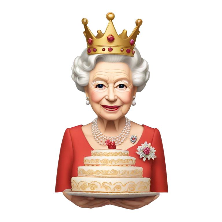 queen elizabeth II with a cake for a crown emoji