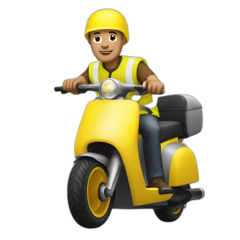 a bald man with a yellow safety vest and a yellow bicycle helmet on a scooter emoji