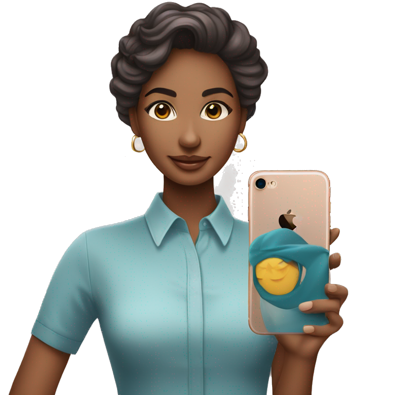 Uma mulher de olhos cor de meu morena e com iPhone 11 na mão trabalhando de social media  emoji