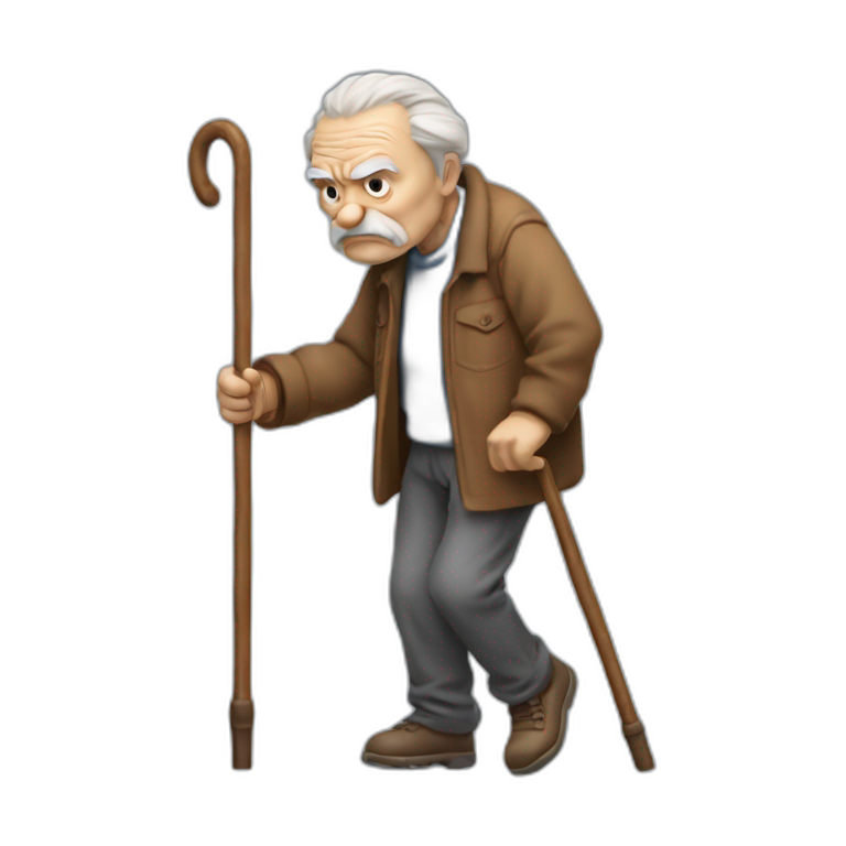 Old man leaning on a walking cane and holding his crancky back with his hand grumpy face, detailed emoji