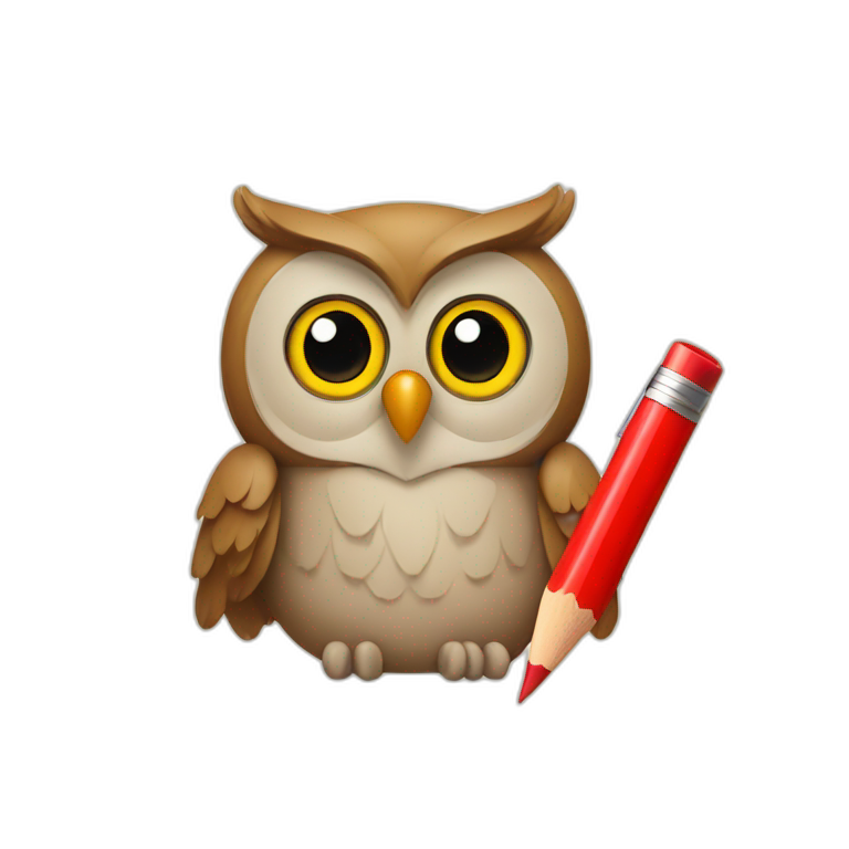 an owl writing with a red pencil emoji