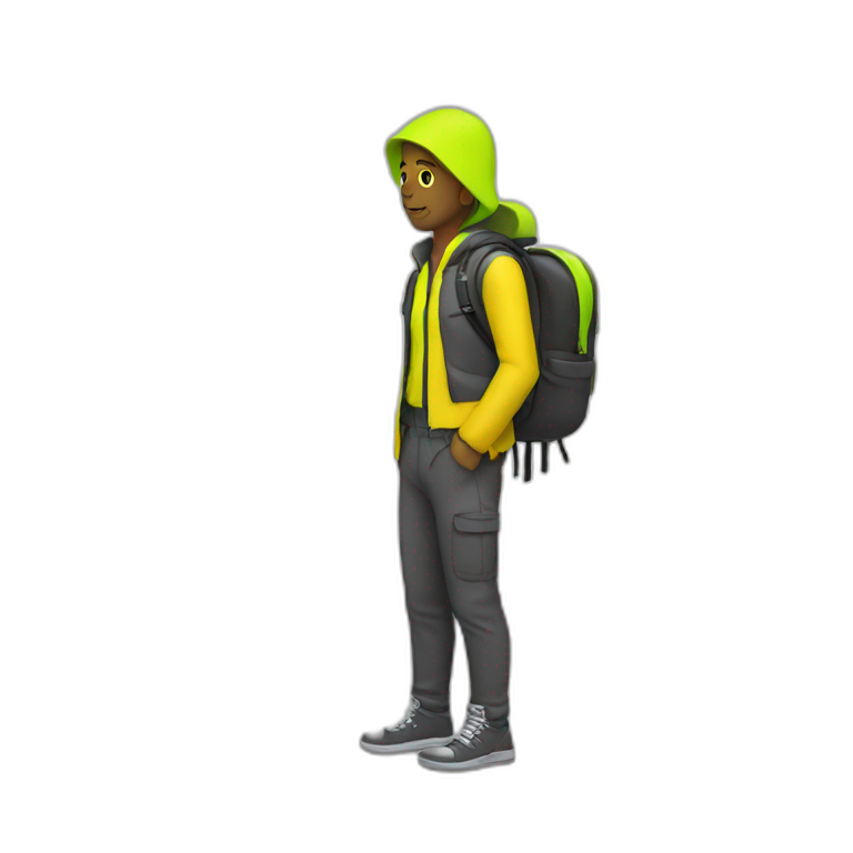 Traveller with neon yellow backpack emoji