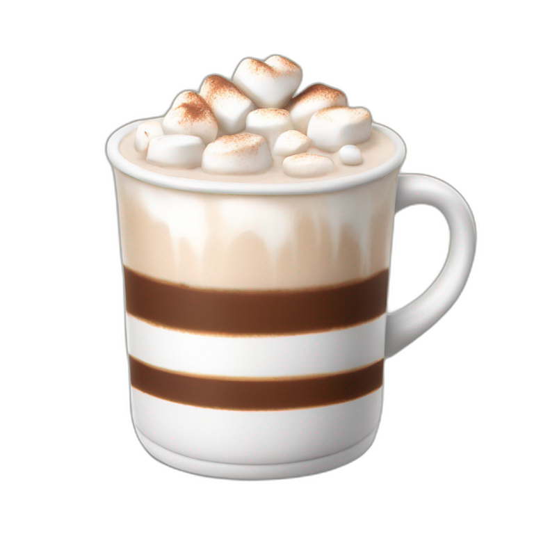 white mug of hot chocolate with cinnamon and marshmallows and whipped cream emoji